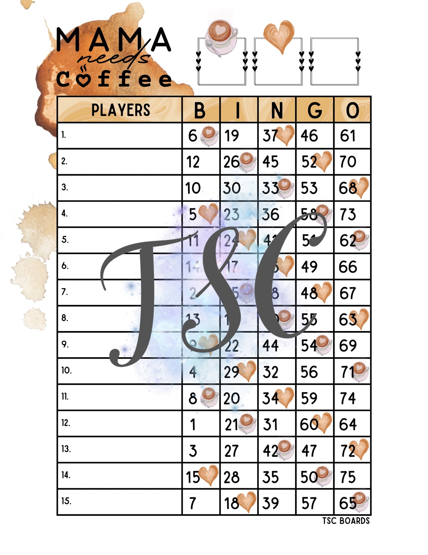 Mama Needs Coffee Bingo Board 1-75 Ball