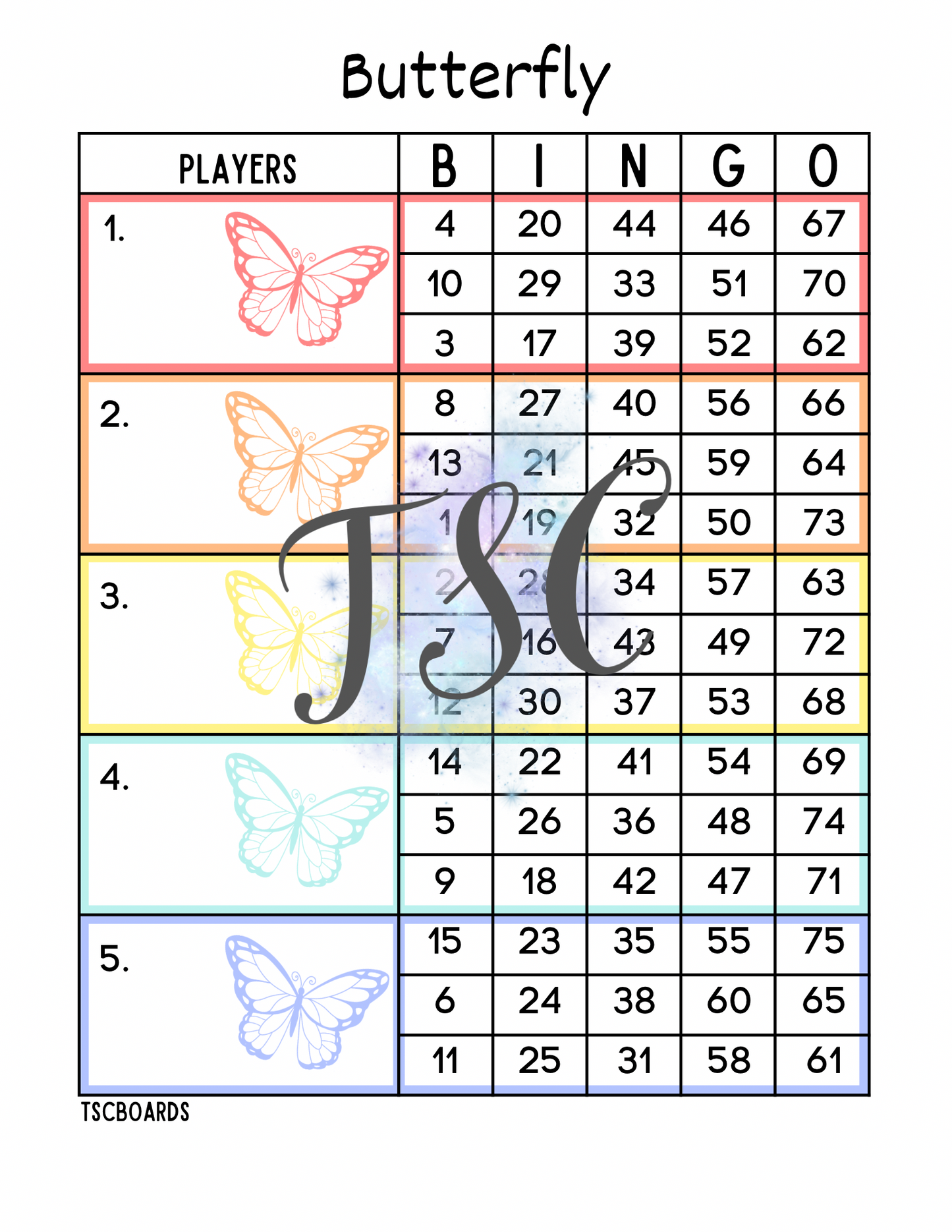 Butterfly Rainbow Block Bingo Board 1-75 Ball