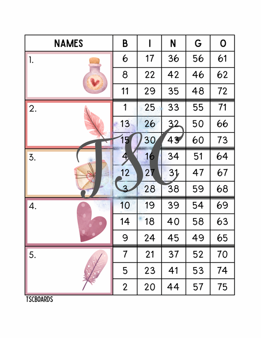 Love Block Bingo Board 1-75 Ball