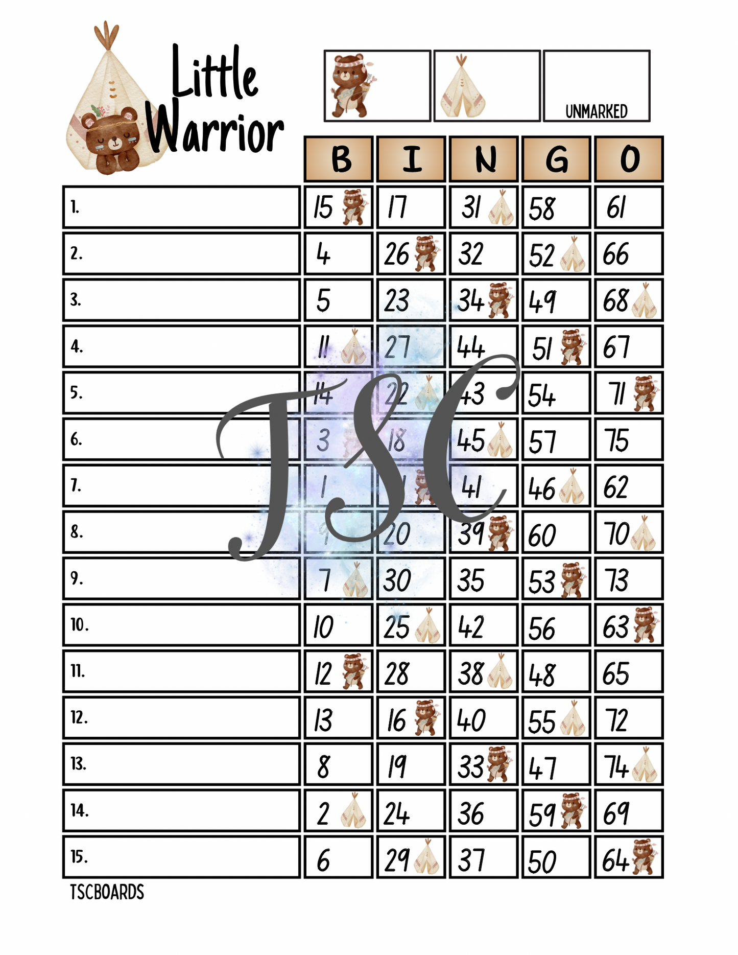 Little Warrior Bingo Board 1-75 Ball