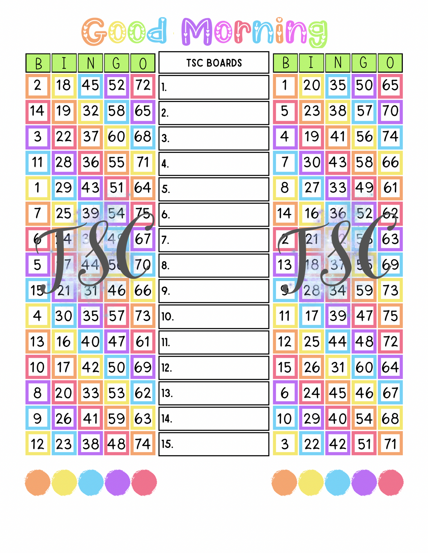 Good Morning Double Page Bingo Board 1-75 Ball