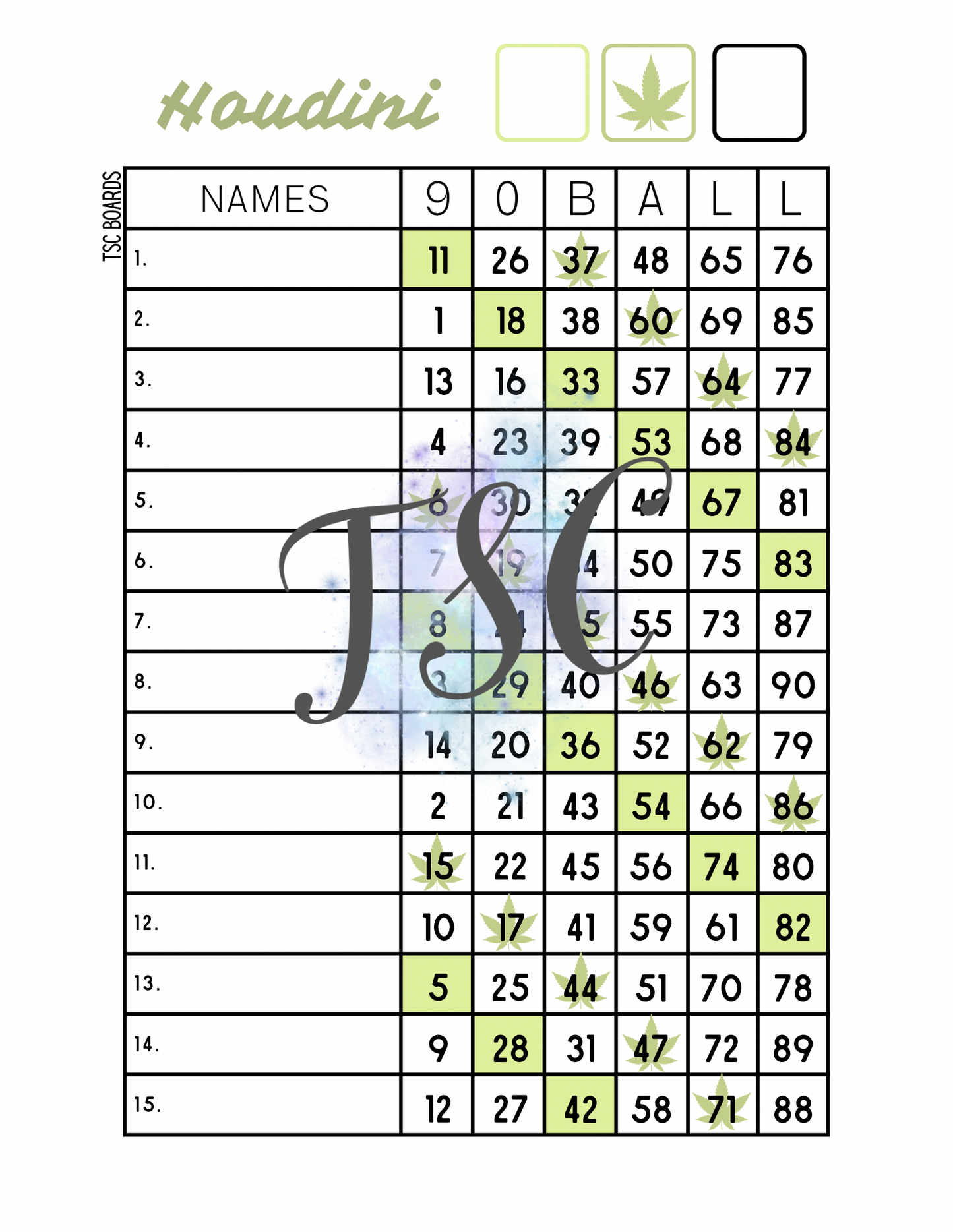 Houdini Bingo Board 1-90 Ball 1-15 Line