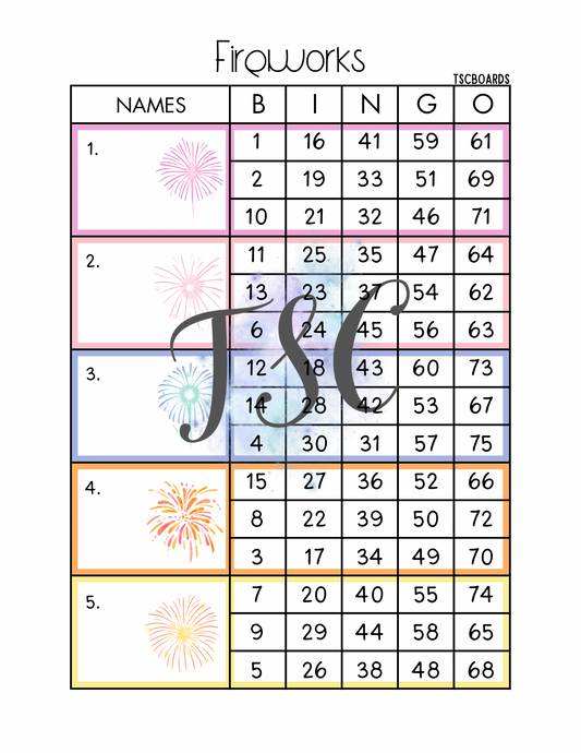 Fireworks Block Bingo Board 1-75 Ball
