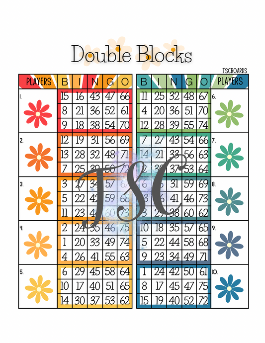 Retro Flowers Double Block Bingo Board 1-75 Ball