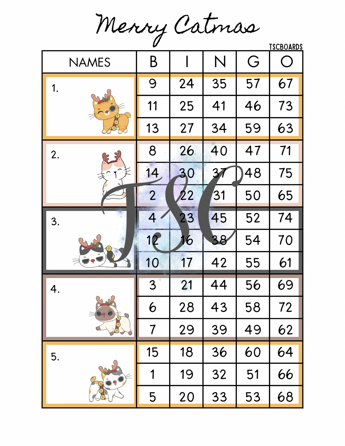 Merry Catmas Block Bingo Board 1-75 Ball