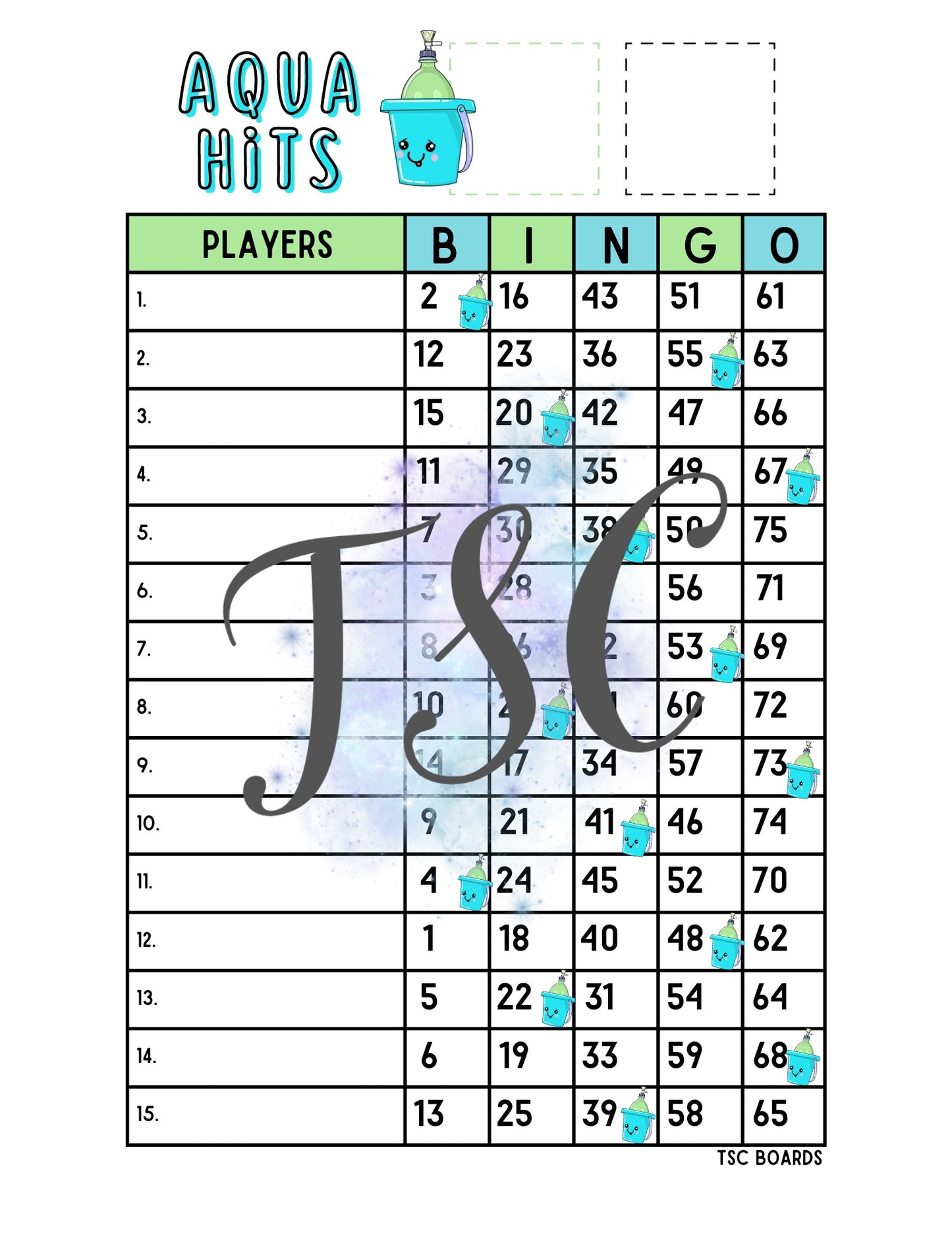 Aqua Hits 420 Bingo Board 1-75 Ball