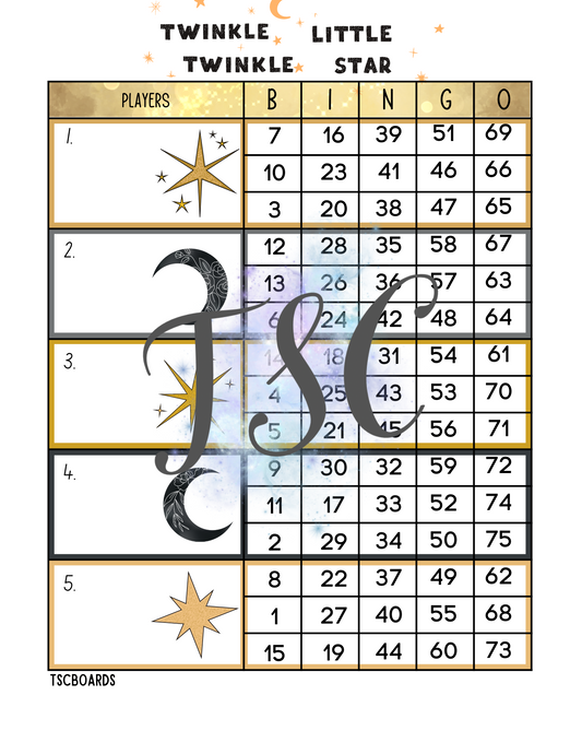 Twinkle Twinkle Little Star Block Bingo Board 1-75 Ball