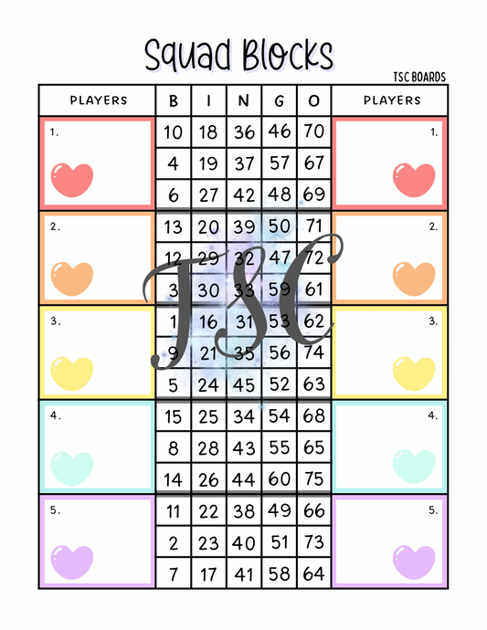 Squad Blocks Heart Bingo Board 1-75 Ball