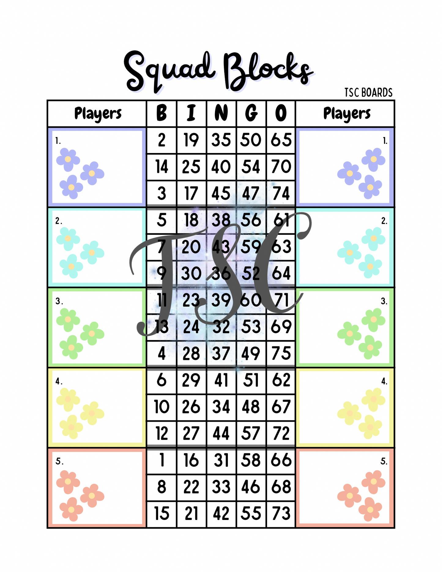 Squad Blocks Flower Bingo Board 1-75 Ball