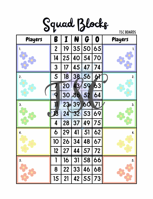 Squad Blocks Flower Bingo Board 1-75 Ball