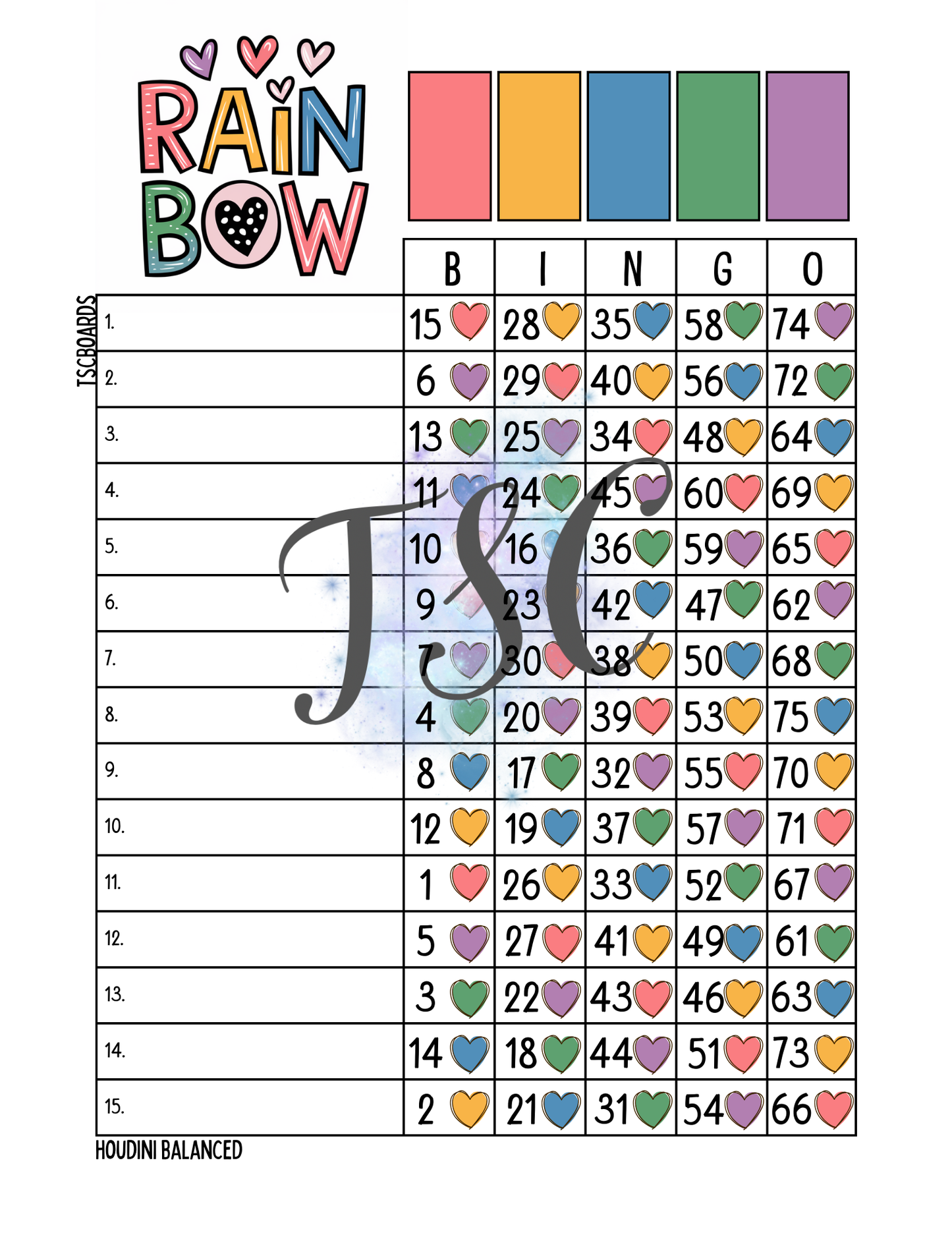Rainbow Hearts Bingo Board 1-75 Ball