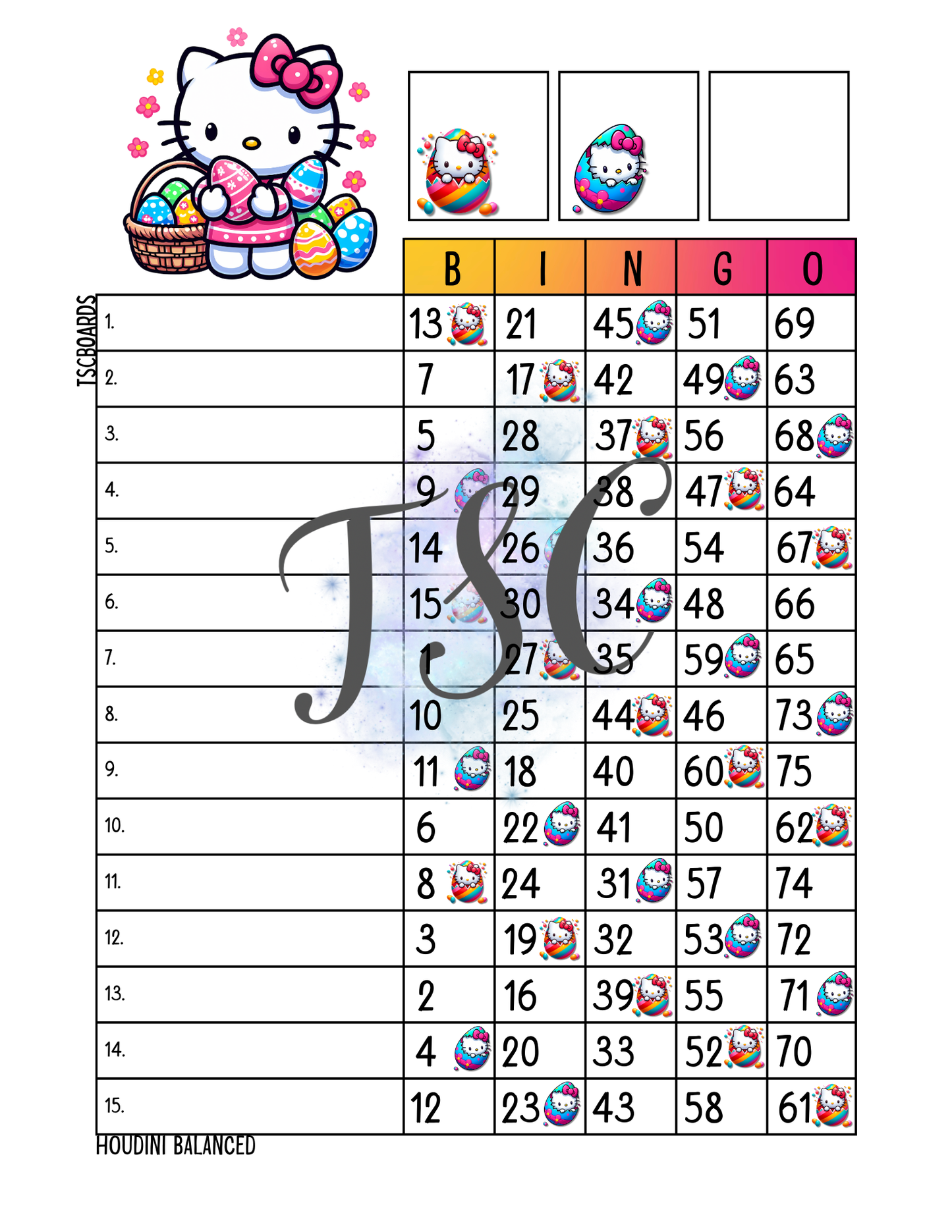 Hello Kitty Easter Egg Bingo Board 1-75 Ball