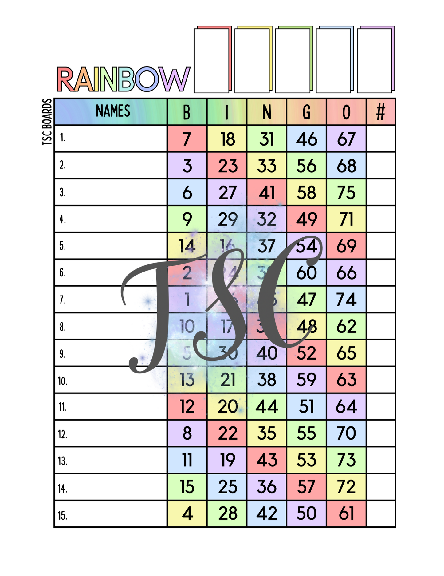 Rainbow Bundle - 25 Mixed Bingo Boards 1-75 Ball 1-15 Line
