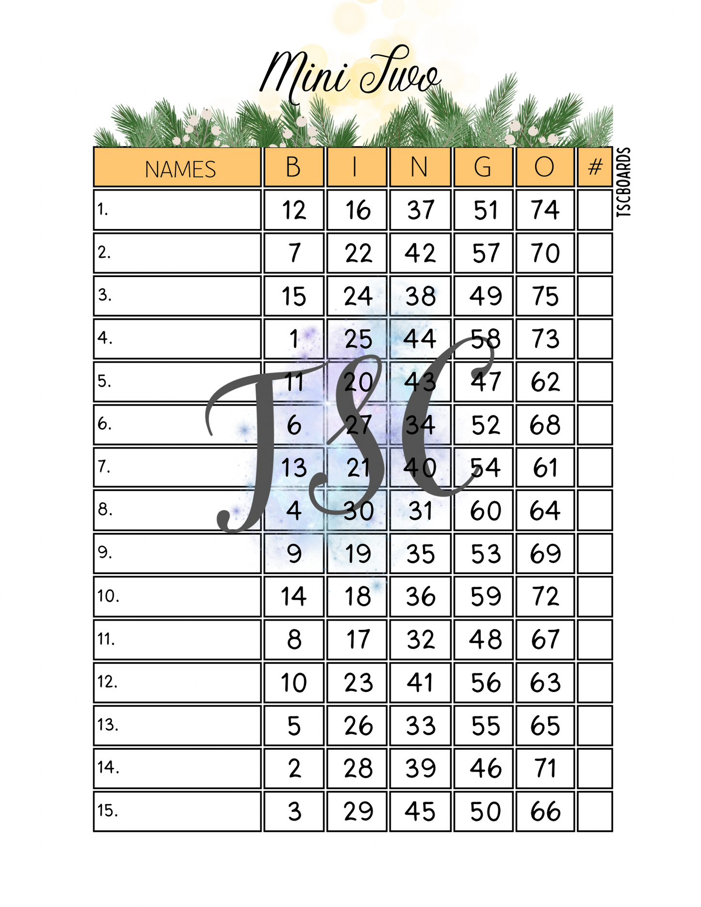 Mini Two Orange Bingo Board 1-75 Ball