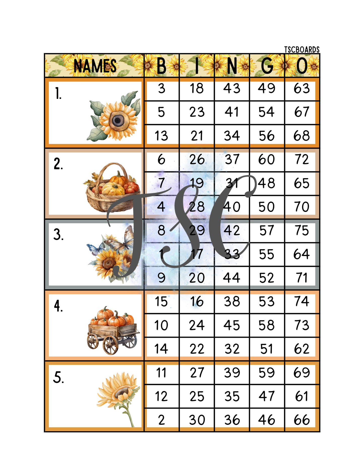 Sunflower Pumpkin Patch Block Bingo Board 1-75 Ball
