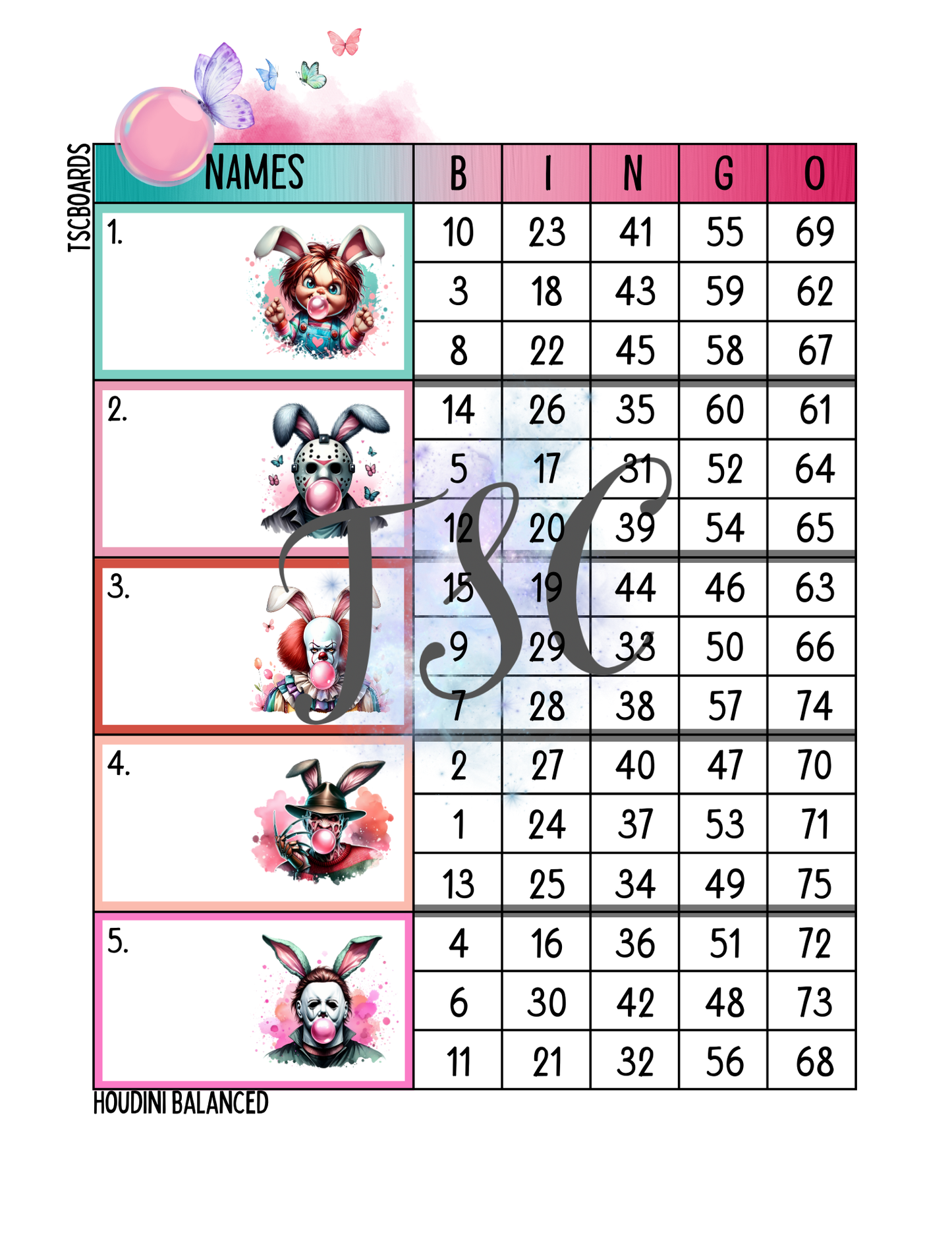 Horror Easter Bunny Block Bingo Board 1-75 Ba