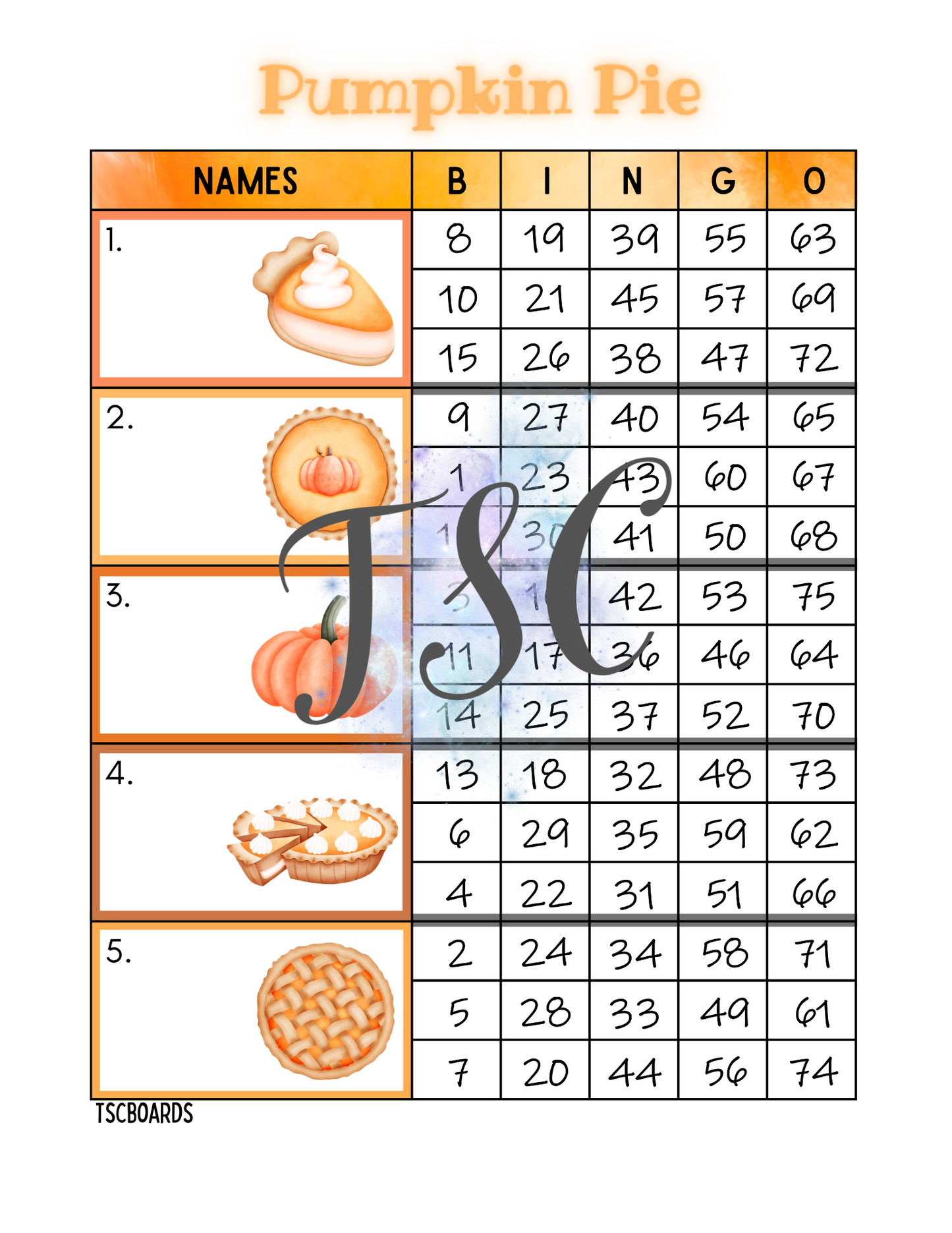 Pumpkin Pie Block Bingo Board 1-75 Ball