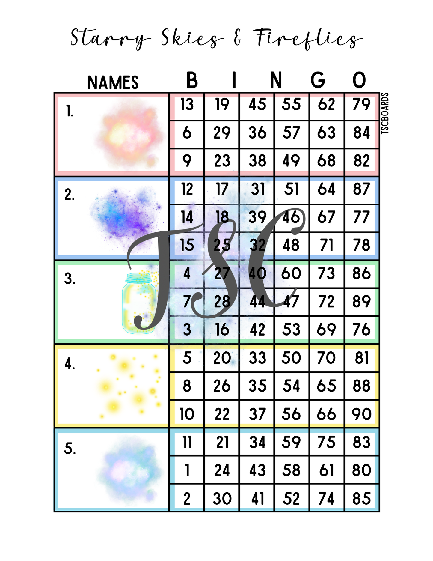 Starry Skies & Fireflies Block Bingo Board 1-90 Ball