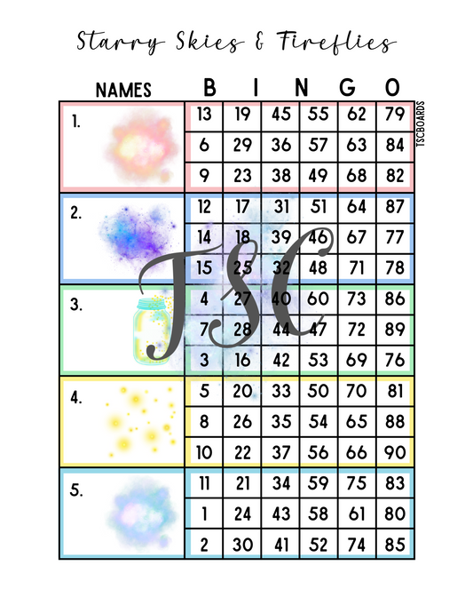 Starry Skies & Fireflies Block Bingo Board 1-90 Ball