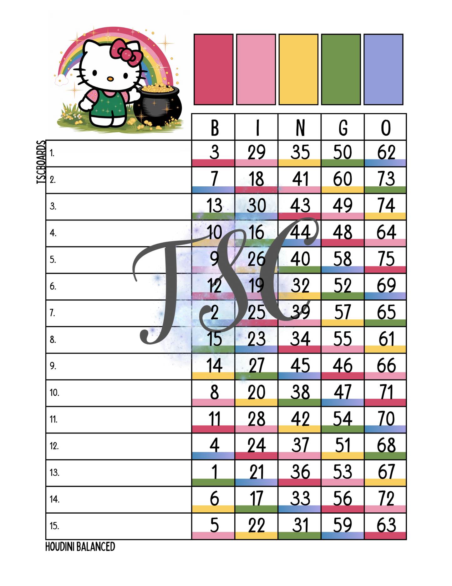 Hello Kitty Rainbow Bingo Board 1-75 Ball