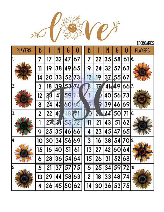 Love Sunflower Double Block Bingo Board 1-75 Ball