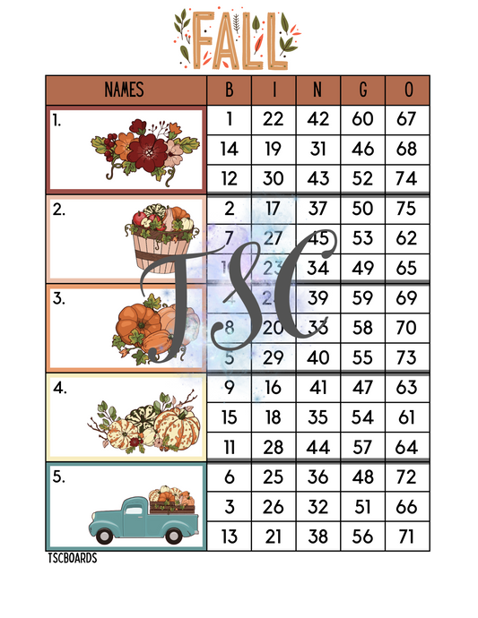 Fall Block Bingo Board 1-75 Ball