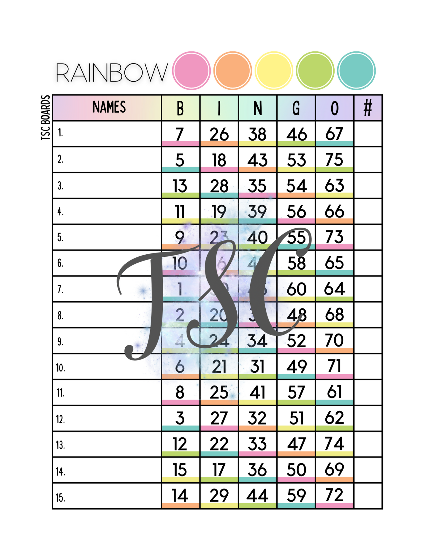 Rainbow Bundle - 25 Mixed Bingo Boards 1-75 Ball 1-15 Line