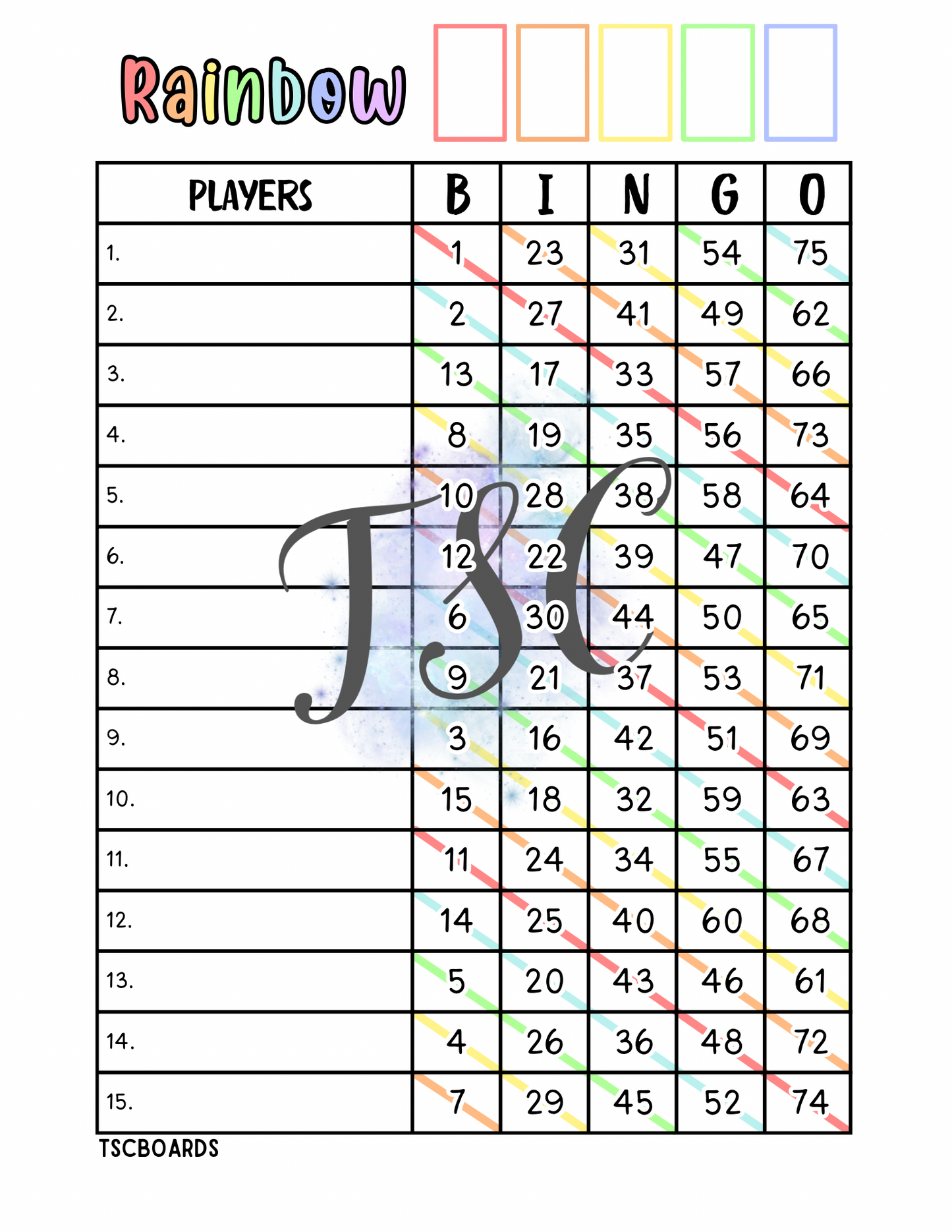 Rainbow Bingo Board 1-75 Ball
