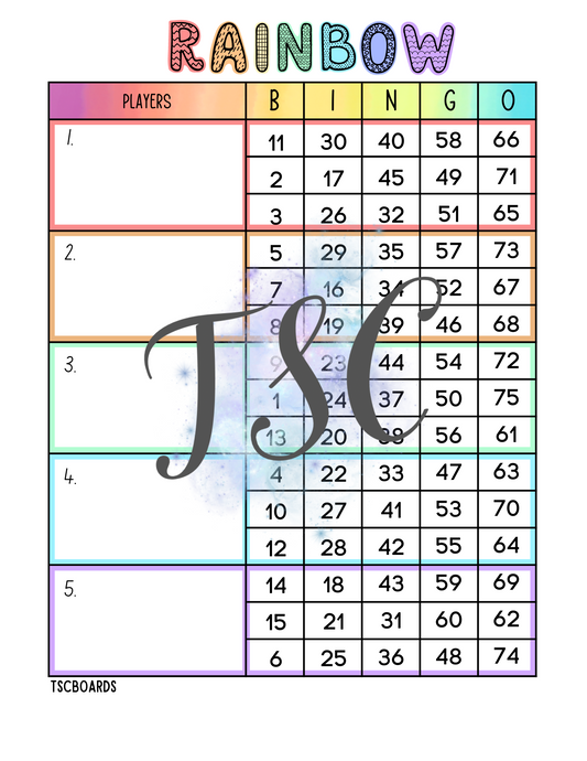Rainbow Block Bingo Board 1-75 Ball