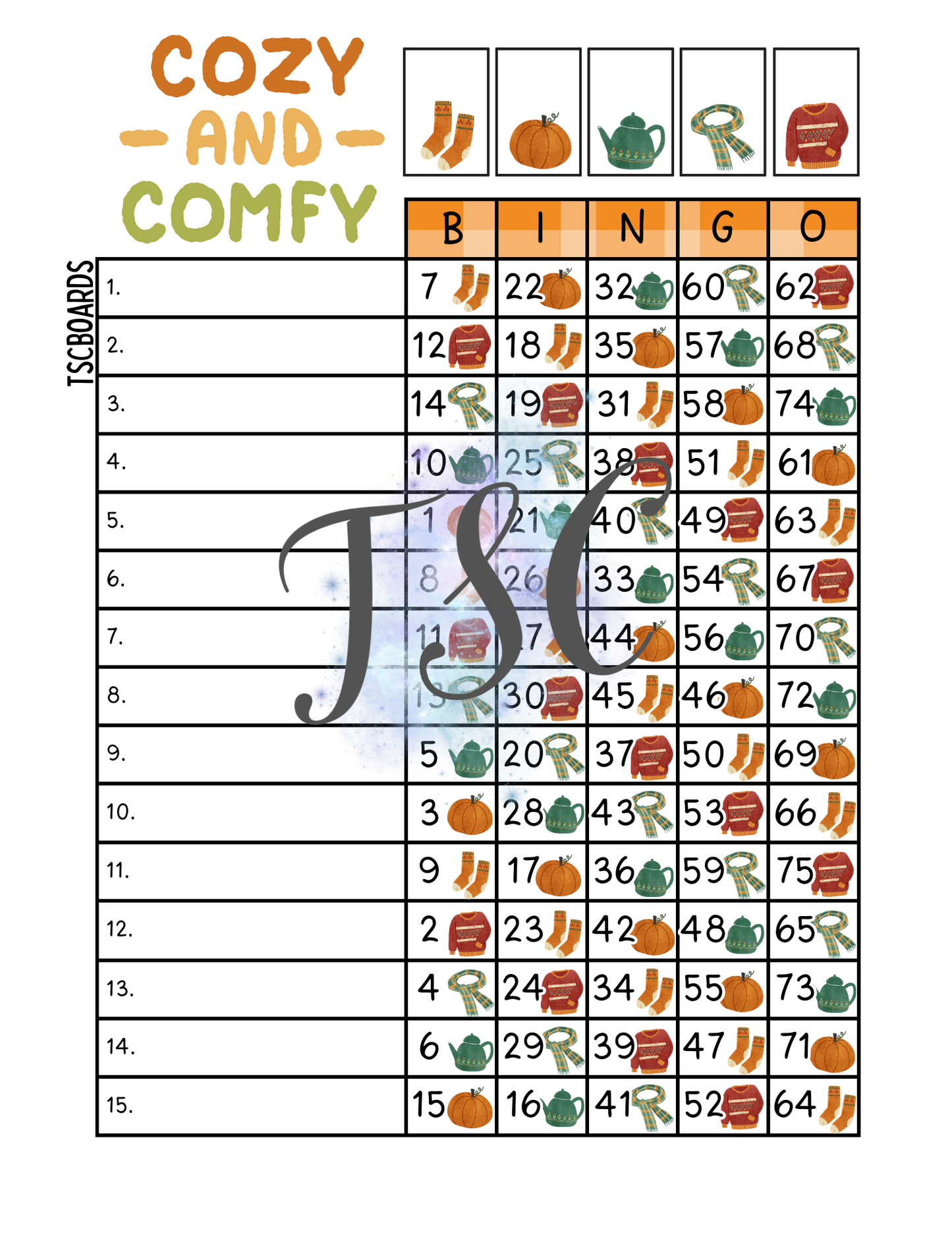 Cozy And Comfy Bingo Board 1-75 Ball