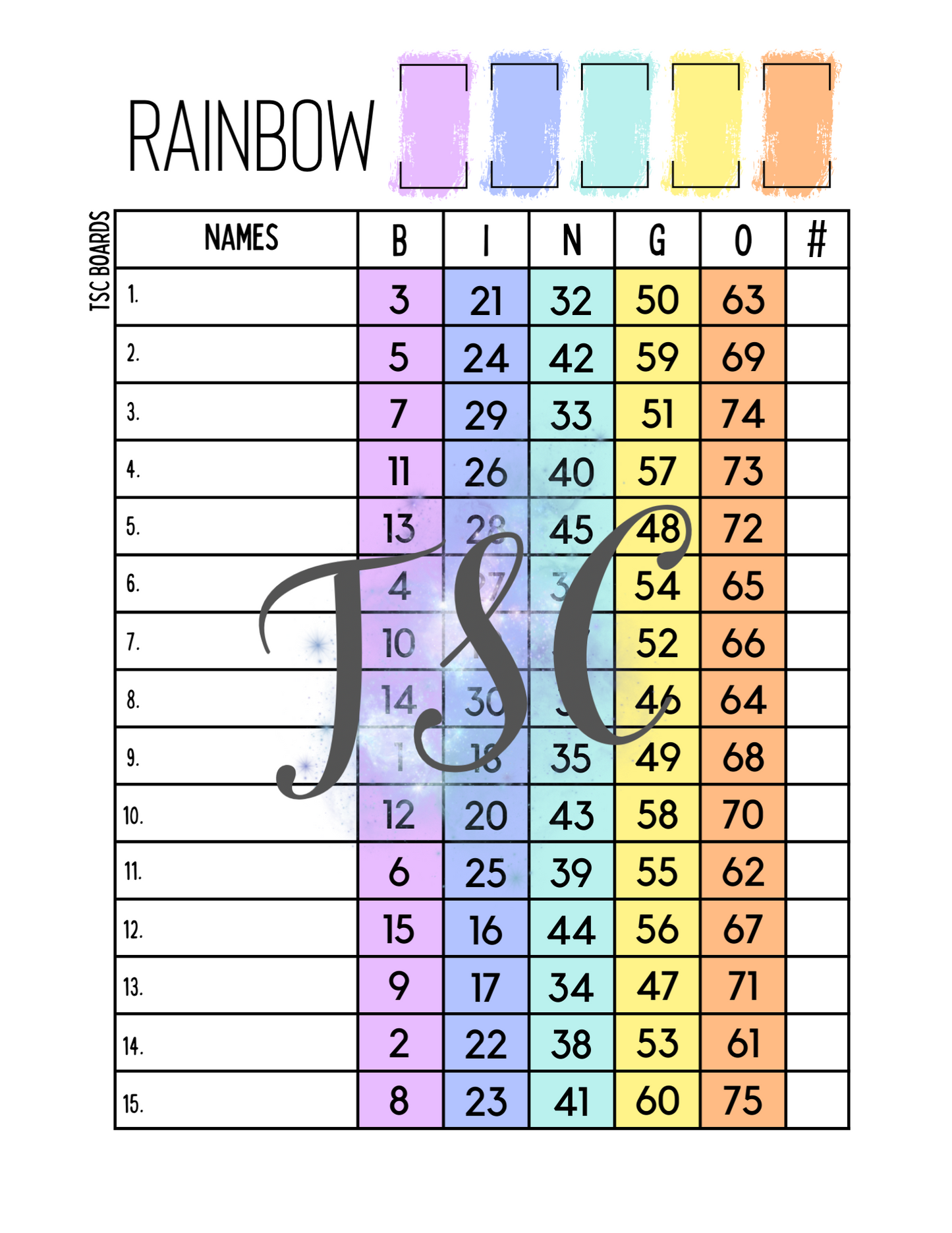 Rainbow Bundle - 25 Mixed Bingo Boards 1-75 Ball 1-15 Line