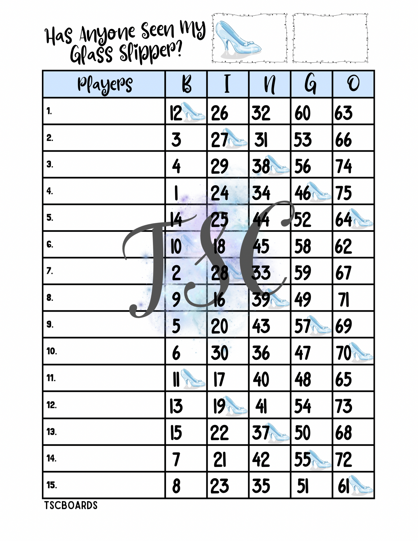 Glass Slipper Bingo Board 1-75 Ball 1-15 Line