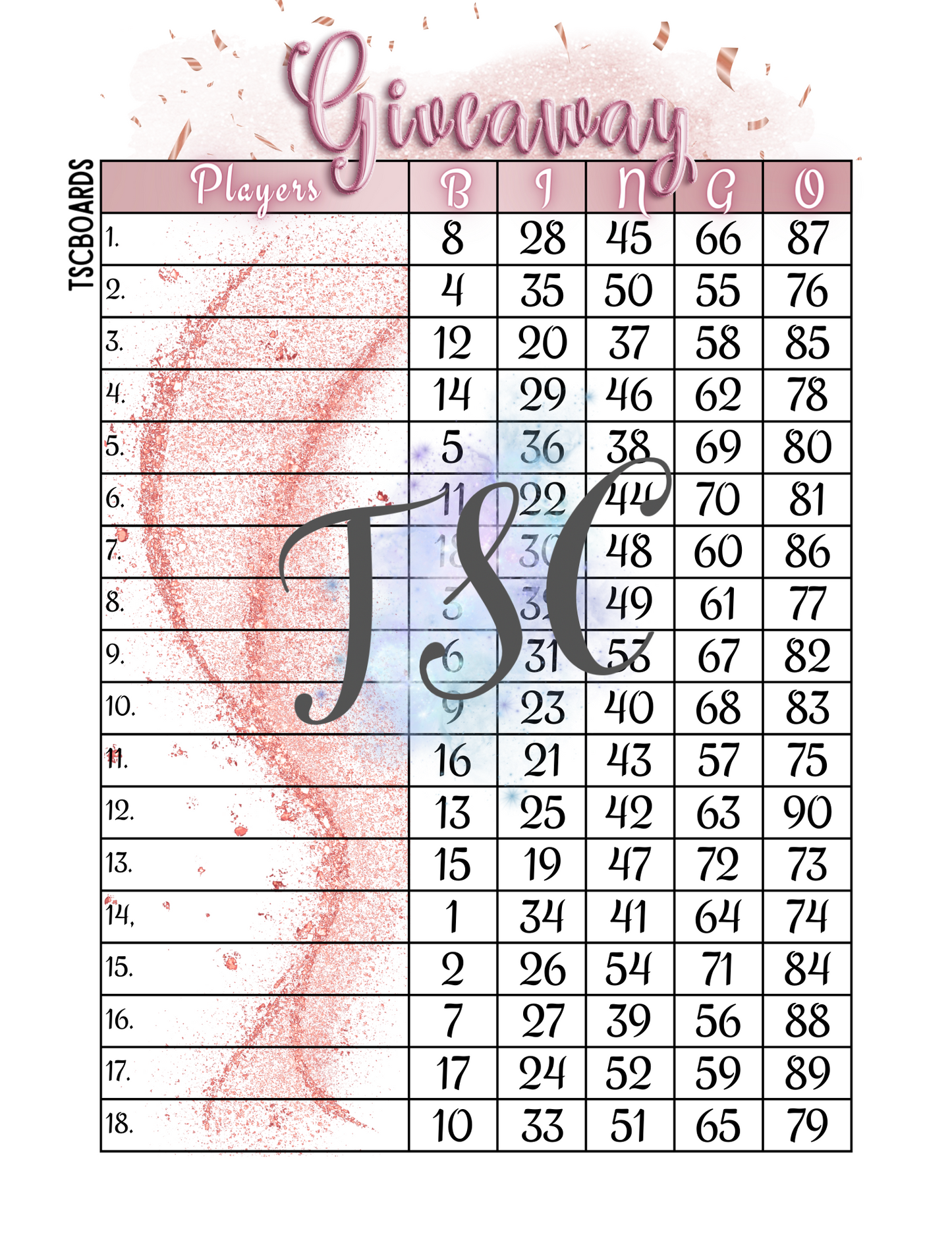 Giveaway Pink Bingo Board 1-90 Ball