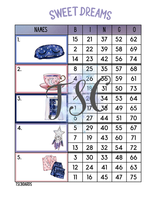 Sweet Dreams Block Bingo Board 1-75 Ball
