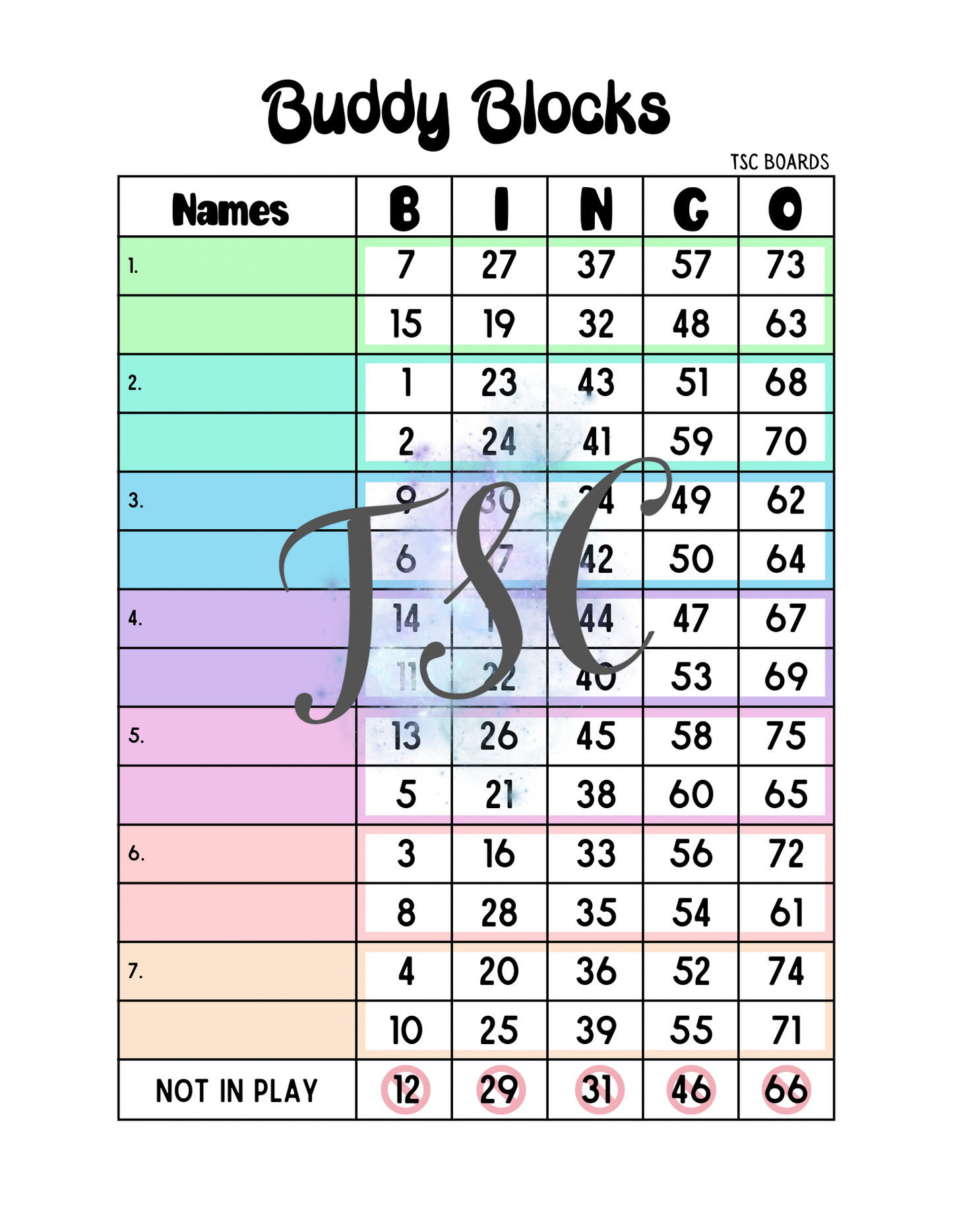 Buddy Blocks Bingo Board 1-75 Ball