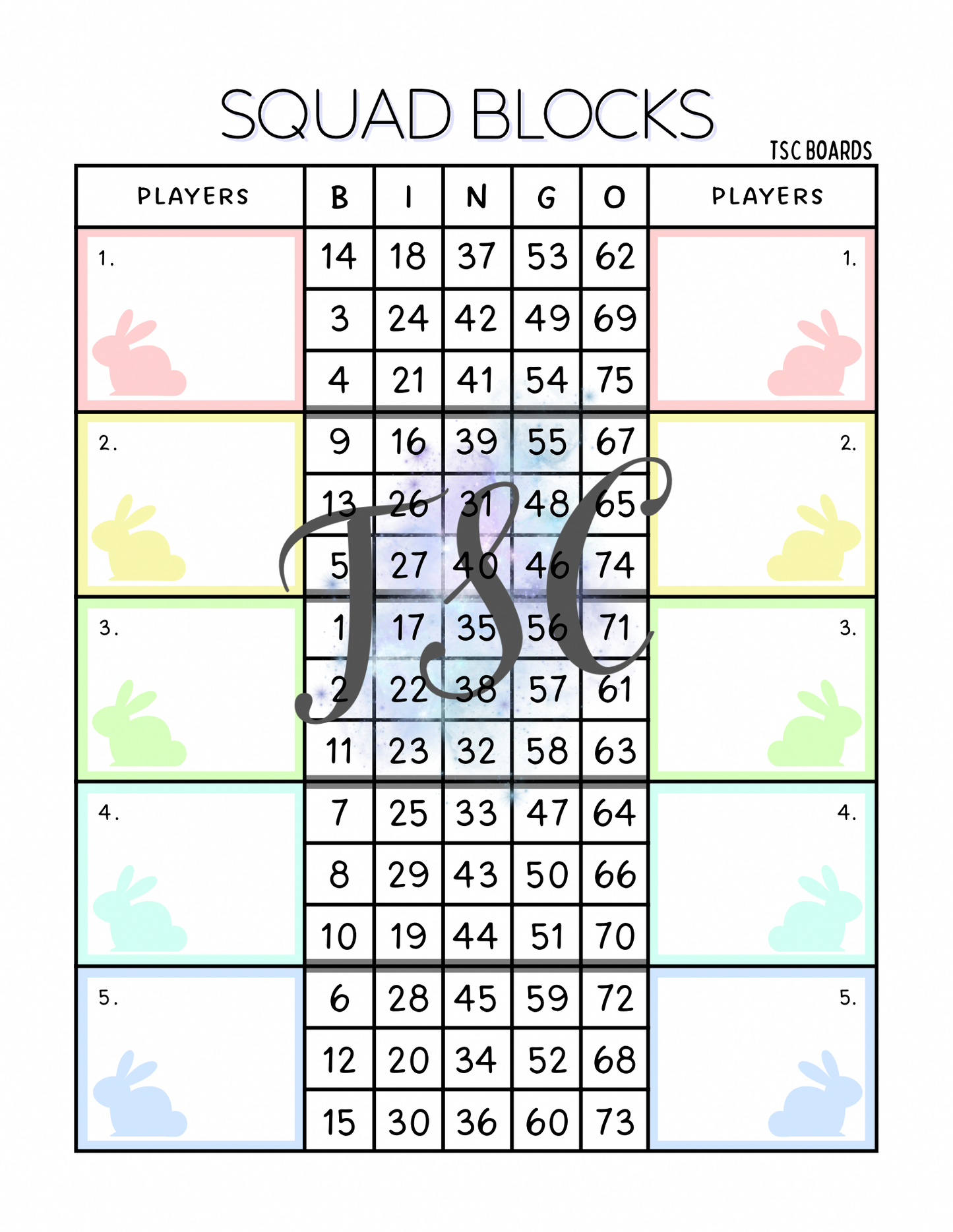 Double Blocks Bunny Bingo Board 1-75 Ball