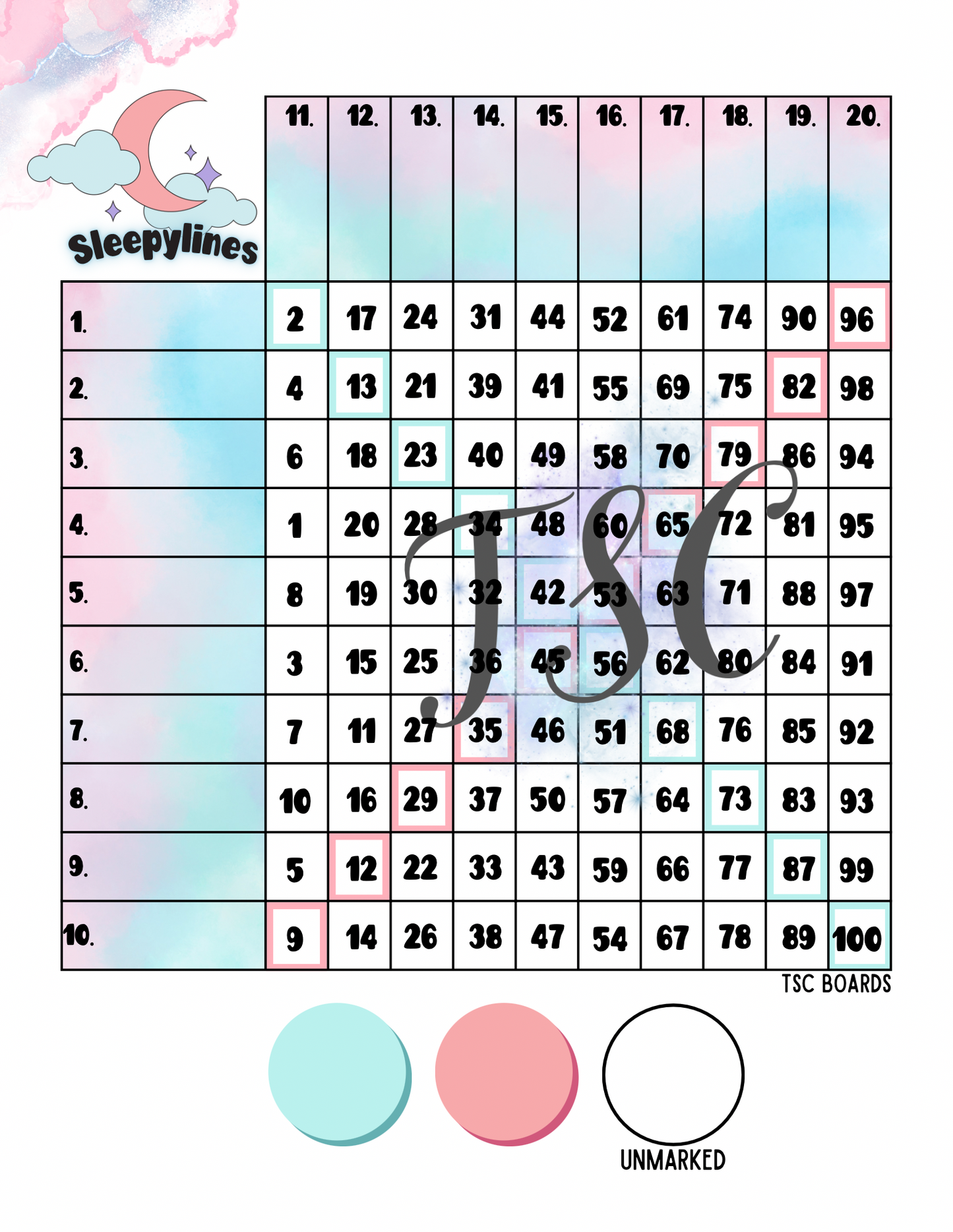 Sleepylines Grid 1-100 Ball