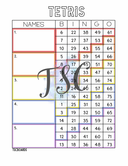 Tetris Block Bingo Board 1-75 Ball