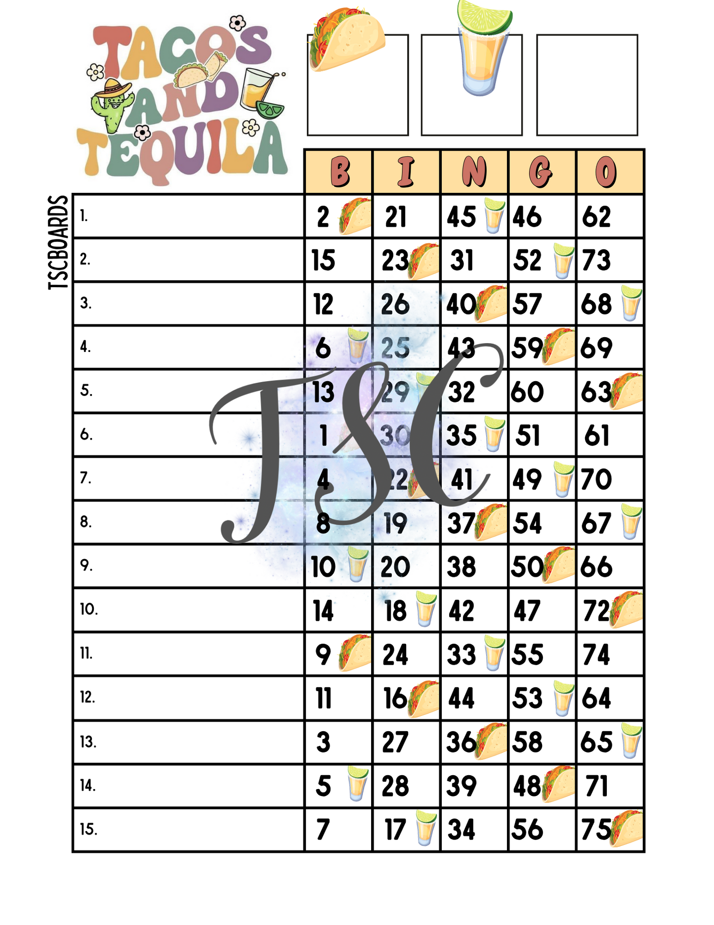 Tacos & Tequila Bingo Board 1-75 Ball