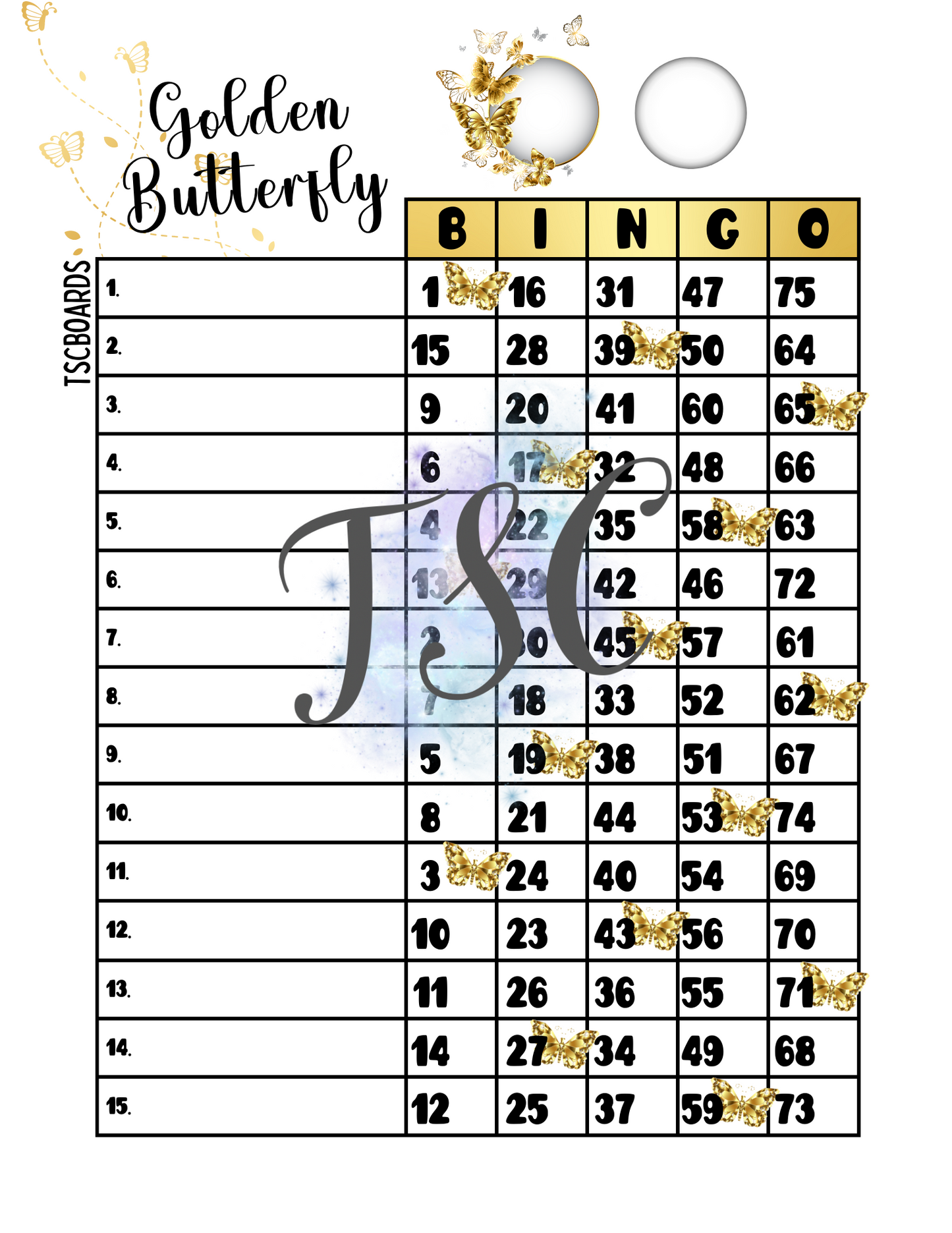 Golden Butterfly Bingo Board 1-75 Ball