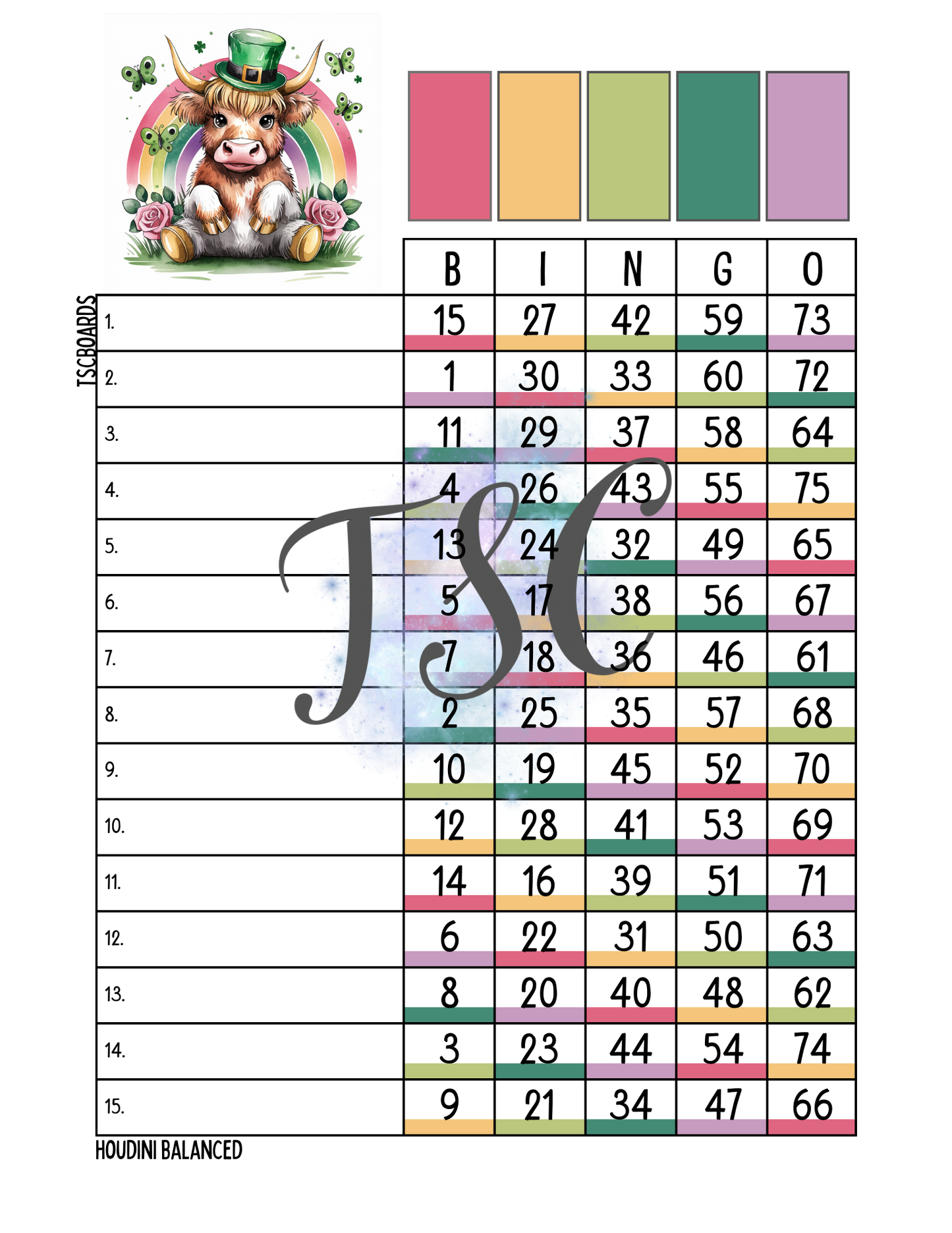Lucky Cow Rainbow Bingo Board 1-75 Ball