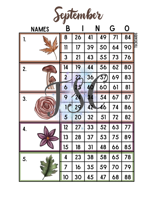 September Block Bingo Board 1-90 Ball