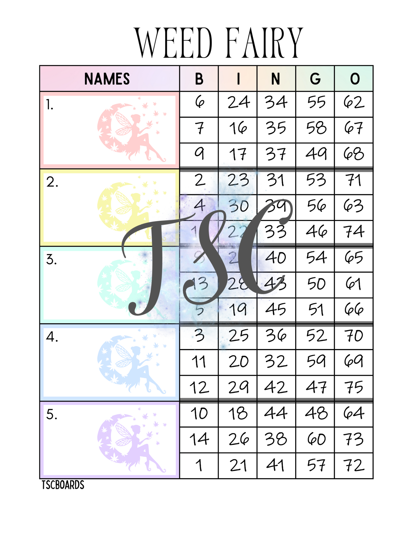 Weed Fairy Block Bingo Board 1-75 Ball