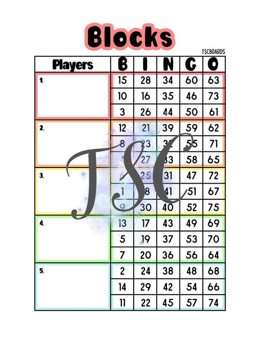 Rainbow Block Bingo Board 1-75 Ball