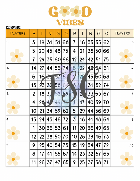 Good Vibes Double Block Bingo Board 1-75 Ball