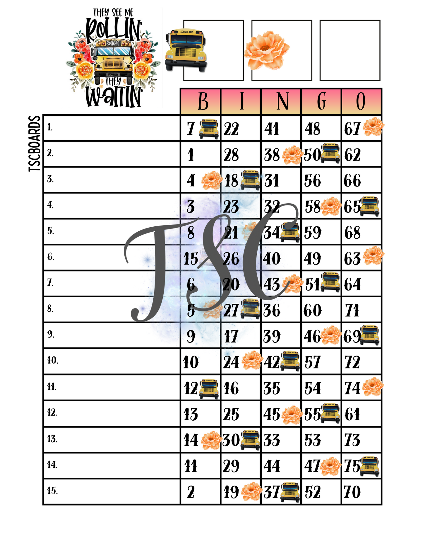 They See Me Rollin' They Waitin' Bingo Board 1-75 Ball
