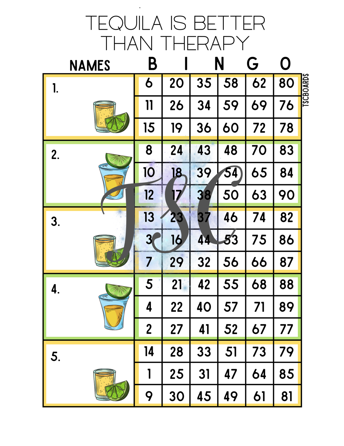 Tequila Is Better Than Therapy Block Bingo Board 1-90 Ball