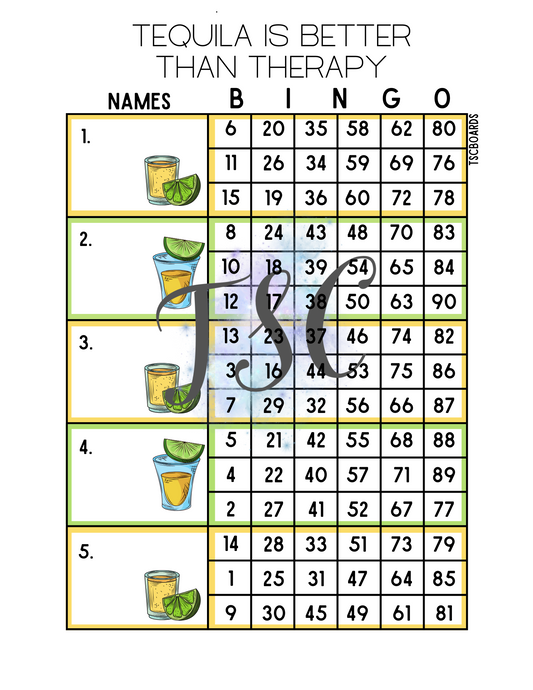 Tequila Is Better Than Therapy Block Bingo Board 1-90 Ball