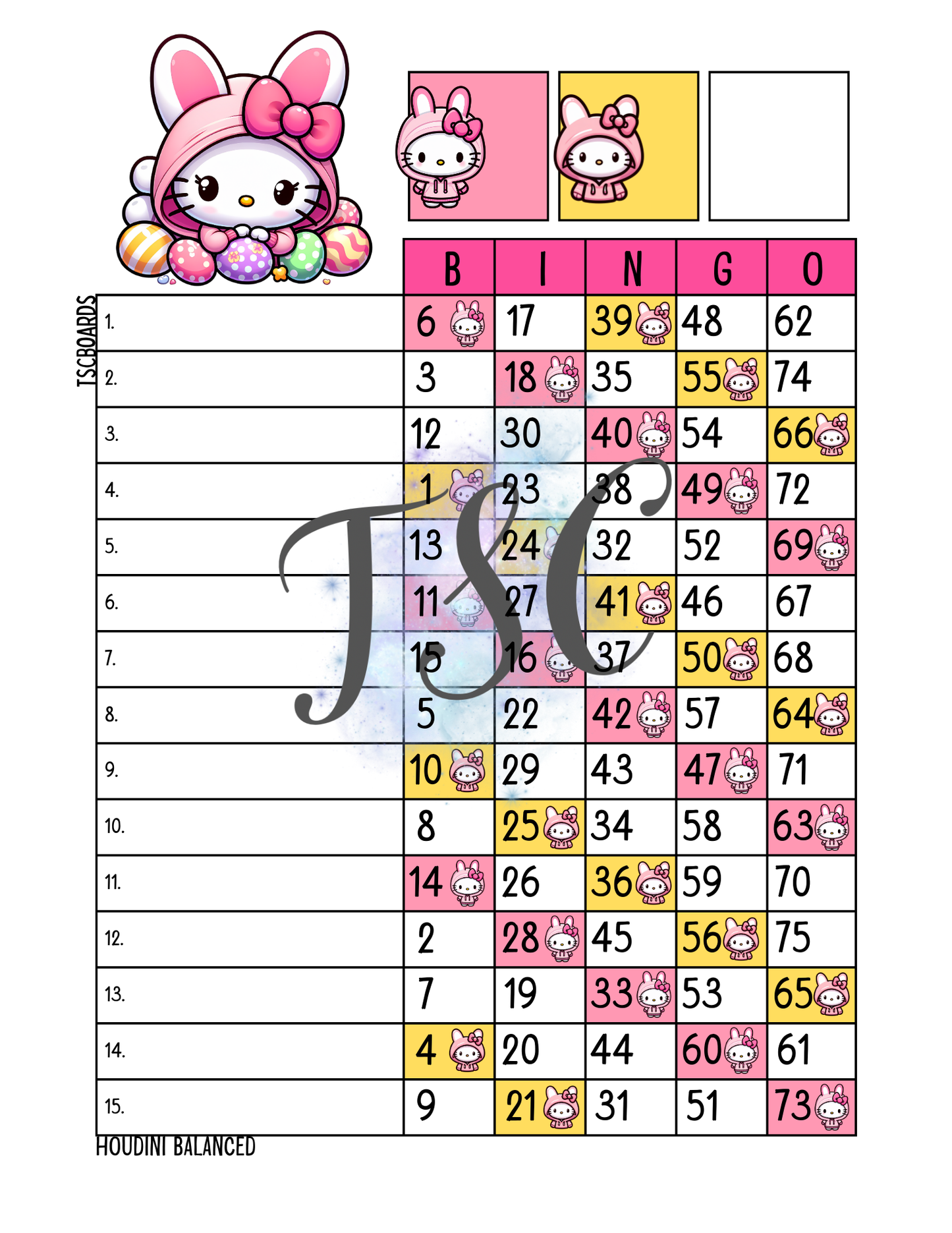 Hello Easter Bunny Bingo Board 1-75 Ball