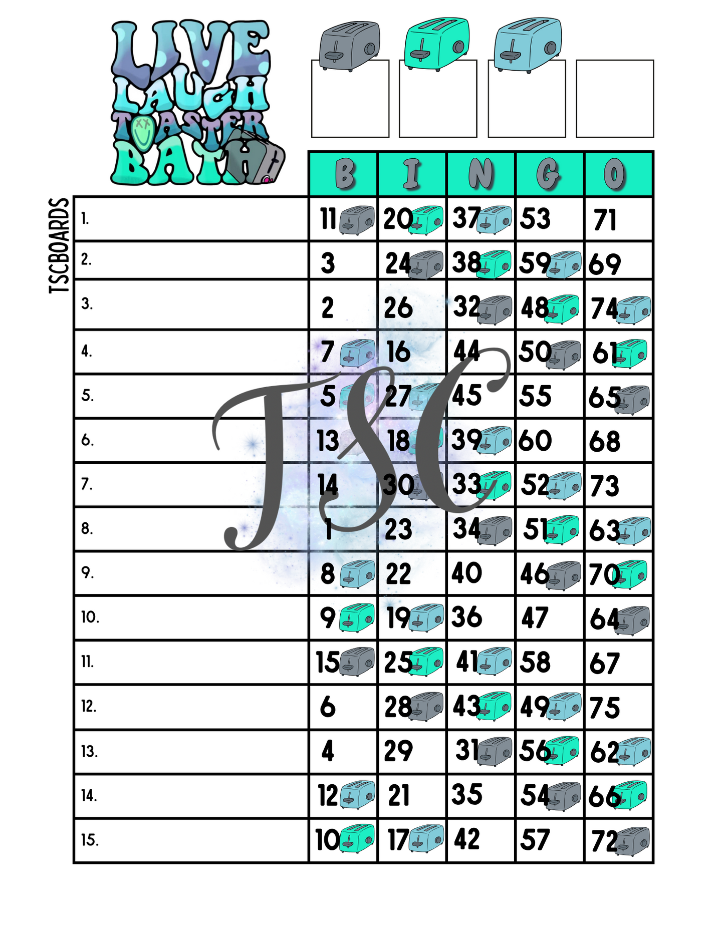 Live Laugh Toaster Bath Bingo Board 1-75 Ball 1-15 Line